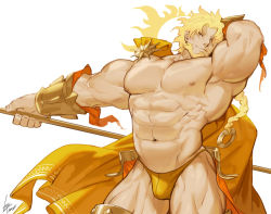 Rule 34 | 1boy, abs, armpits, bara, bare pectorals, beard, blonde hair, braid, braided ponytail, briefs, bulge, character request, copyright request, cowboy shot, facial hair, gomtang, groin, head tilt, holding, holding polearm, holding weapon, large pectorals, long hair, male focus, male underwear, mature male, muscular, muscular male, navel, nipples, original, pectorals, polearm, ponytail, smile, solo, stomach, thick thighs, thighs, underwear, weapon, yellow male underwear