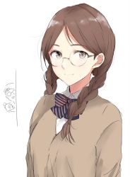 Rule 34 | 1girl, bad id, bad twitter id, bow, bowtie, braid, brown eyes, brown hair, brown sweater, character request, commentary request, glasses, jpeg artifacts, light smile, looking at viewer, morinaga miki, peeking out, school uniform, solo, sweater, twin braids, upper body