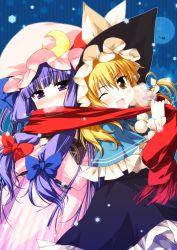Rule 34 | 2girls, blonde hair, blush, book, braid, chinchickrin, crescent, crescent moon, fang, female focus, hat, highres, kirisame marisa, long hair, moon, multiple girls, one eye closed, open mouth, outline, patchouli knowledge, perfect cherry blossom, purple eyes, purple hair, red scarf, scarf, shared clothes, shared scarf, touhou, witch, witch hat, yellow eyes