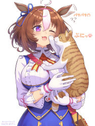 Rule 34 | 1girl, 1other, :3, ahoge, animal, animal ears, blue dress, blush, bow, breasts, brown hair, cat, cat on person, dress, ear ribbon, gloves, hair between eyes, hairband, hand on another&#039;s cheek, hand on another&#039;s face, highres, holding, holding animal, holding cat, horse ears, horse girl, horseshoe print, large breasts, long sleeves, meisho doto (umamusume), meto (cat), multicolored hair, one eye closed, open mouth, pink hairband, purple eyes, shirt, short hair, suga masashi, tail, translation request, two-tone hair, umamusume, whiskers, white gloves, white hair
