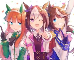 Rule 34 | 3girls, animal ears, arm up, ascot, black gloves, blue eyes, blush, bow, brown hair, cho k (choco tcl), collared shirt, confetti, cropped jacket, ear bow, ear covers, epaulettes, gloves, grin, hand up, highres, horse ears, index finger raised, jacket, long hair, long sleeves, looking at viewer, multicolored hair, multiple girls, one eye closed, open mouth, orange hair, pink ascot, ponytail, puffy short sleeves, puffy sleeves, purple eyes, reaching, reaching towards viewer, shirt, short hair, short sleeves, signature, silence suzuka (umamusume), single epaulette, smile, special week (umamusume), streaked hair, tokai teio (umamusume), two-tone hair, umamusume, upper body, vest, white background, white shirt