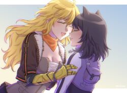 Rule 34 | ahoge, animal ears, black hair, blake belladonna, blonde hair, brown jacket, cat ears, closed eyes, jacket, kio rojine, mechanical arms, open mouth, orange scarf, prosthesis, prosthetic arm, rwby, scarf, single mechanical arm, smile, wavy hair, yang xiao long