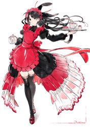 Rule 34 | 1girl, apron, black dress, black eyes, black hair, black thighhighs, closed mouth, cup, dress, floating hair, full body, high-low skirt, highres, holding, holding plate, long hair, long skirt, long sleeves, looking at viewer, maid, maid apron, maid headdress, mary janes, plate, puffy sleeves, red apron, shoes, simple background, skirt, solo, standing, teapot, thighhighs, umishima senbon, walking, white background, zettai ryouiki