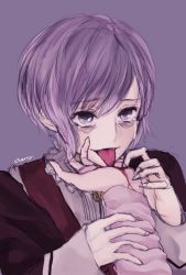 Rule 34 | 10s, 1boy, 1girl, bags under eyes, blood, cherry dot, collared shirt, crying, diabolik lovers, fangs, frills, highres, komori yui, licking, loose clothes, out of frame, purple background, purple eyes, purple hair, sakamaki kanato, school uniform, sharp nails, shirt, simple background, smile, solo focus, tears, tongue, tongue out, uniform, upper body, vampire