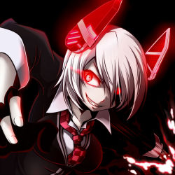 Rule 34 | 1girl, abyssal ship, black background, black jacket, checkered clothes, checkered necktie, checkered neckwear, collared shirt, commentary request, dark persona, fingerless gloves, fingernails, gloves, glowing, glowing eyes, hair over one eye, headgear, jacket, kantai collection, monochrome, necktie, popped collar, red necktie, red theme, shirt, short hair, smile, solo, tenryuu (kancolle), tottsuman, white shirt, wing collar