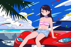 Rule 34 | 1girl, aragon honnin, bad id, bad tumblr id, bandeau, bare shoulders, black eyes, black hair, blue shorts, blue sky, car, cloud, cloudy sky, confetti, day, feet out of frame, long hair, looking at viewer, midriff, motor vehicle, navel, on vehicle, open mouth, original, shorts, sitting, sky, smile, solo, striped bandeau, tree