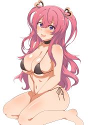 Rule 34 | 1girl, bikini, blush, breasts, choker, cleavage, drooling, heart, heart-shaped pupils, highres, kuka (princess connect!), large breasts, long hair, micro bikini, mouth drool, navel, open mouth, princess connect!, purple eyes, red eyes, seihekiog, sitting, smile, solo, swimsuit, symbol-shaped pupils, two side up, wavy mouth