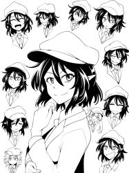Rule 34 | 3girls, :o, ^ ^, angry, ashiroku (miracle hinacle), cabbie hat, closed eyes, closed mouth, collared shirt, cosplay, expression chart, expressions, flat cap, greyscale, grin, happy, hat, highres, himekaidou hatate, inubashiri momiji, jacket, laughing, long sleeves, looking at viewer, monochrome, multiple girls, multiple views, necktie, no wings, open mouth, pointy ears, shameimaru aya, shameimaru aya (cosplay), shameimaru aya (newsboy), shirt, short hair, simple background, smile, suit jacket, touhou, upper body, wavy mouth, white background, worried