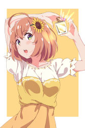 Rule 34 | 1girl, :o, absurdres, ahoge, arms up, blush, bottle, breasts, brown hair, collarbone, commentary request, dress, flower, green eyes, hair flower, hair ornament, hairclip, highres, holding, honma himawari, karahai (31448823), looking at viewer, medium breasts, multicolored clothes, multicolored dress, nijisanji, open mouth, orange background, perfume bottle, ribbon-trimmed sleeves, ribbon trim, short hair, short sleeves, solo, sunflower, sunflower hair ornament, tareme, upper body, virtual youtuber