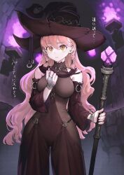 Rule 34 | 1girl, bodystocking, commentary request, covered navel, dress, dungeon, gloves, hat, highres, jun (navigavi), long hair, original, partially fingerless gloves, pink hair, short twintails, solo, staff, torch, translation request, twintails, witch hat, yellow eyes