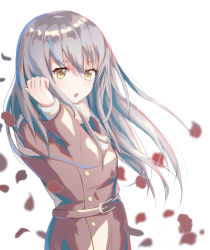 Rule 34 | 1girl, :o, bang dream!, belt, blurry, blush, brown coat, buttons, coat, commentary, falling petals, floating hair, hair between eyes, hand up, highres, light blush, long hair, long sleeves, looking at viewer, minato yukina, open mouth, petals, scarf, silver hair, simple background, solo, takeyashi (user dnne7725), v-shaped eyebrows, white background, white scarf, yellow eyes