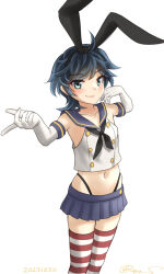 Rule 34 | 1girl, alternate costume, black hair, black hairband, black neckerchief, black panties, blue eyes, blue sailor collar, blue skirt, blush, cosplay, crop top, dated, elbow gloves, gloves, hairband, highleg, highleg panties, kantai collection, looking at viewer, matsukaze (kancolle), microskirt, navel, neckerchief, panties, ray.s, sailor collar, shimakaze (kancolle), shimakaze (kancolle) (cosplay), short hair, simple background, skirt, solo, striped clothes, striped thighhighs, thighhighs, thong, underwear, white background, white gloves