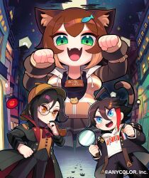 Rule 34 | 1girl, 2boys, :d, :|, ahoge, animal ears, ascot, black choker, black coat, black hair, black jacket, black pants, black shirt, black socks, blue eyes, blush, breasts, brown footwear, brown hair, brown headwear, brown skirt, brown vest, building, cat ears, cat girl, cat tail, choker, clenched hand, closed mouth, cloud, coat, copyright notice, cowboy shot, deerstalker, double-parted bangs, drawstring, eyeshadow, fangs, fish hair ornament, full body, full moon, fumino tamaki, gashi-gashi, giant, giantess, green eyes, hair between eyes, hair ornament, hand on own hip, hat, highres, holding, holding magnifying glass, holding smoking pipe, hood, hood down, hoodie, jacket, lamppost, large breasts, long sleeves, looking at viewer, magnifying glass, makeup, mandarin collar, medium hair, monocle, moon, multicolored hair, multiple boys, night, nijisanji, official art, open clothes, open jacket, open mouth, orange eyes, orange jacket, outdoors, pants, partially unzipped, pavement, paw pose, paw print, red ascot, red hair, road, saegusa akina, shellin burgundy, shirt, short hair, skirt, sky, sleeve garter, smile, smoking pipe, socks, standing, star (sky), starry sky, streaked hair, street, striped clothes, striped jacket, tail, teeth, trench coat, upper teeth only, vest, virtual youtuber, white hoodie, white jacket, white shirt