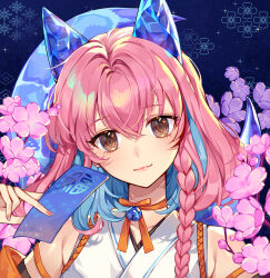 Rule 34 | 1girl, absurdres, animal ears, bare shoulders, bell, blue background, blue hair, braid, brown eyes, closed mouth, colored inner hair, commentary, crystal, detached sleeves, english commentary, envelope, fake animal ears, fingernails, flower, hair between eyes, hand up, highres, holding, holding envelope, japanese clothes, jingle bell, kimono, light smile, long hair, looking at viewer, multicolored hair, nail polish, neck ribbon, orange sekaii, original, pink flower, pink hair, pink nails, portrait, purple flower, ribbon, single braid, solo, star (symbol), star in eye, symbol in eye, two-tone hair, white kimono, yellow ribbon