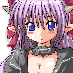 Rule 34 | 00s, 1girl, blue eyes, blush, breasts, cleavage, gomamiso (gomamiso sp), horns, long hair, looking at viewer, lowres, ma ga ochiru yoru, oekaki, outline, pointy ears, purple hair, sheliss elleness zurbach, simple background, smile, solo, upper body, white background