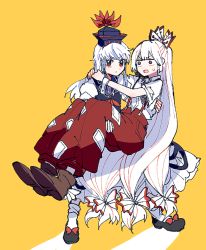 Rule 34 | 2girls, arms around neck, blue dress, blue hair, blue headwear, bow, brown footwear, carrying, commentary request, dress, fujiwara no mokou, full body, hair bow, hat, itomugi-kun, kamishirasawa keine, long hair, looking at viewer, multicolored hair, multiple girls, open mouth, pants, princess carry, red bow, red eyes, red pants, shirt, shoes, short sleeves, socks, suspenders, sweatdrop, torn clothes, torn sleeves, touhou, two-tone hair, white bow, white hair, white legwear, white shirt, wrist cuffs, yellow background