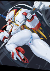 Rule 34 | 1girl, android, anus, armor, ass, blush, breasts, censored, closed mouth, colored skin, darling in the franxx, flying, from side, heart, heart censor, highres, horns, large breasts, looking at viewer, looking to the side, mecha, nipples, nude, pauldrons, pochincoff, profile, pussy, pussy juice, robot, shoulder armor, sideways glance, sideways mouth, single horn, solo, strelizia, white skin
