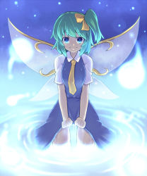 Rule 34 | 1girl, blue eyes, clothes lift, daiyousei, dress, dress lift, fairy wings, female focus, green hair, looking at viewer, necktie, saemon (tonpura), short hair, side ponytail, smile, solo, thighhighs, touhou, wading, wet, wings
