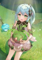 Rule 34 | 1girl, bare shoulders, blush, dress, elf, genshin impact, grass, green eyes, highres, light particles, looking at viewer, nahida (genshin impact), open mouth, outdoors, pointy ears, rapid rusich81740a, sitting, slime (genshin impact), symbol-shaped pupils, white hair
