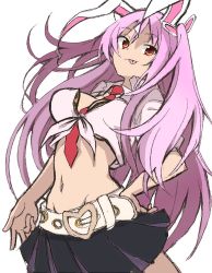 Rule 34 | 1girl, alternate hairstyle, animal ears, black skirt, blouse, breasts, cleavage, collared shirt, commentary request, cowboy shot, front-tie top, hand on own hip, highres, light purple hair, long hair, medium breasts, midriff, miniskirt, navel, necktie, pleated skirt, puffy short sleeves, puffy sleeves, rabbit ears, rabbit girl, red eyes, red necktie, reisen udongein inaba, shinmon akika, shirt, short sleeves, skirt, solo, stomach, tied shirt, tongue, tongue out, touhou, twintails, v, very long hair, vest, white shirt, white vest