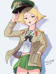 Rule 34 | 1girl, absurdres, artist name, black bow, black neckwear, blonde hair, blouse, bow, brown eyes, brown jacket, commentary, cowboy shot, dated, erwin (girls und panzer), girls und panzer, goggles, goggles on headwear, green hat, green skirt, grey background, half-closed eyes, hand in pocket, hat, highres, holding, holding clothes, holding hat, jacket, long sleeves, looking at viewer, military hat, military jacket, miniskirt, nico jiang, ooarai school uniform, open clothes, open jacket, open mouth, peaked cap, pleated skirt, pointy hair, sailor collar, school uniform, serafuku, shadow, shirt, short hair, signature, skirt, solo, standing, unworn hat, unworn headwear, white sailor collar, white shirt