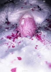 Rule 34 | 1boy, absurdres, bishounen, blood, blood on face, closed eyes, clothing cutout, highres, lying, male focus, nijisanji, nnk (nongnong), petals, pink hair, rose petals, shirt, snowing, solo, stitches, virtual youtuber, virtuareal, white shirt, zombie