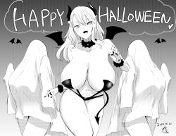 Rule 34 | 3girls, bare shoulders, bat (animal), black nails, breasts, demon horns, fang, ghost costume, ghost pose, greyscale, hair between eyes, happy halloween, highres, horns, kurokawa otogi, large breasts, long hair, mole, mole on breast, monochrome, multiple girls, nail polish, navel, open mouth, original, pubic tattoo, standing, tattoo, thighs, wings, wrist cuffs