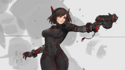 Rule 34 | 1girl, adapted costume, aiming, alternate costume, alternate hair length, alternate hairstyle, black bodysuit, black hair, bodysuit, breasts, brown hair, charm (object), covered erect nipples, covered navel, cowboy shot, curvy, d.va (overwatch), dark persona, facepaint, facial mark, finger on trigger, gaoerji, grey background, gun, handgun, headphones, high collar, highres, holding, holding gun, holding weapon, large breasts, mecha, meka (overwatch), overwatch, overwatch 1, parted lips, pilot suit, pistol, red eyes, robot, short hair, shoulder pads, silhouette, simple background, sketch, skin tight, solo, swept bangs, taut clothes, weapon, whisker markings, wide hips