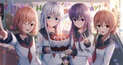 Rule 34 | 4girls, absurdres, akatsuki (kancolle), birthday, birthday cake, black serafuku, black skirt, blue eyes, blush, brown eyes, brown hair, cake, candle, closed mouth, commentary, dfd, english commentary, english text, folded ponytail, food, fruit, gift, hibiki (kancolle), highres, holding, ikazuchi (kancolle), inazuma (kancolle), kantai collection, long hair, long sleeves, looking at viewer, multiple girls, necktie, one eye closed, open mouth, plate, pleated skirt, purple eyes, purple hair, red necktie, school uniform, serafuku, shirt, short hair, silver hair, skirt, smile, strawberry, uniform, upper body, v, white shirt