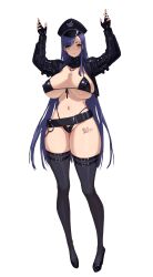 Rule 34 | 1girl, absurdres, arms up, belt, bikini, black belt, black bikini, black footwear, black gloves, black hat, black jacket, blue hair, blush, breasts, chinese commentary, closed mouth, commentary request, dark blue hair, detached collar, earrings, english text, eyepatch bikini, fingerless gloves, fingernails, full body, gloves, green eyes, grey thighhighs, hat, highres, jacket, jewelry, large breasts, long hair, looking at viewer, military hat, nail polish, navel, open clothes, open jacket, original, rekaerb maerd, smile, solo, standing, stomach, swept bangs, swimsuit, thighhighs, transparent background, turtleneck