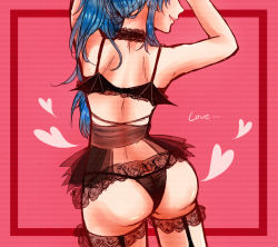 Rule 34 | 1girl, alternate hairstyle, arms up, ass, back, bat wings, black legwear, black panties, blue hair, chidori kaname, cowboy shot, framed, full metal panic!, garter straps, heart, lace, lingerie, lips, outside border, panties, pink background, ponytail, shiki (the-sleeping-snow-white), simple background, smile, solo, standing, underwear, underwear only, wings