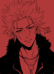 Rule 34 | 10s, 1boy, collarbone, fur, head tilt, jacket, jewelry, k-project, light smile, looking at viewer, male focus, necklace, red theme, shirt, smile, solo, suoh mikoto, upper body