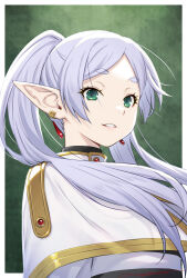 Rule 34 | 1girl, capelet, commentary request, earrings, elf, frieren, green eyes, grey hair, highres, jacket, jewelry, kazuma muramasa, light smile, long hair, parted bangs, parted lips, pointy ears, short eyebrows, solo, sousou no frieren, twintails, upper body, white capelet, white jacket