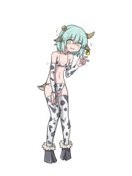 Rule 34 | 1girl, animal ears, animal print, bare shoulders, bikini, black souls, breasts, bridal gauntlets, broken horn, cow ears, cow girl, cow horns, cow print, cow print bikini, cow print gloves, cow print thighhighs, cow tail, ear tag, elbow gloves, flying sweatdrops, gloves, hand up, highres, hooves, horns, mock turtle (black souls), print bikini, print gloves, print thighhighs, rabbit king, small breasts, solo, sweat, swimsuit, tail, thighhighs, white bikini, white gloves, white thighhighs