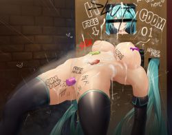 Rule 34 | 1girl, aftersex, aqua hair, bdsm, body writing, bondage, bound, breasts, censored, condom, cum, cum in pussy, cum on body, cum on breasts, cum on lower body, cum on upper body, cum plugged, dildo, english text, female focus, hatsune miku, highres, large breasts, long hair, mosaic censoring, nipples, no bra, no panties, nude, object insertion, public use, pussy, sex toy, sinensian, solo, stuck, tally, through wall, used condom, vaginal, vaginal object insertion, very long hair, vibrator, vocaloid