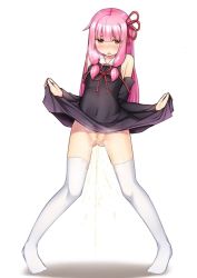 Rule 34 | 1girl, artist request, black dress, blush, breath, brown eyes, clothes lift, collarbone, detached sleeves, dress, dress lift, embarrassed, flat chest, hair ribbon, kotonoha akane, long hair, long sleeves, looking at viewer, no panties, open mouth, peeing, pink hair, pussy, ribbon, standing, steam, tears, thighhighs, twintails, uncensored, voiceroid, white thighhighs
