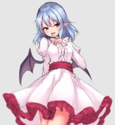Rule 34 | 1girl, bat wings, blue hair, blush, breasts, commentary, cowboy shot, dress, fangs, finger to mouth, frills, grey background, hair between eyes, head tilt, highres, juliet sleeves, junior27016, long sleeves, looking at viewer, medium breasts, medium hair, no headwear, no headwear, open mouth, pointy ears, puffy sleeves, red eyes, red sash, remilia scarlet, sash, simple background, smile, solo, standing, thighs, touhou, white dress, wings