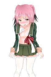 Rule 34 | 10s, absurdres, blush, colored tips, flat chest, highres, kantai collection, kunashiri (kancolle), looking at viewer, multicolored hair, neve (morris-minicooper), pantyhose, pink eyes, pink hair, ribbon, school uniform, solo, two-tone hair, two side up, undressing, white pantyhose