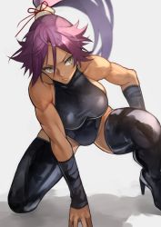 1girl black_footwear black_leotard bleach boots breasts dark-skinned_female dark_skin green_eyes high_heel_boots high_heels highres leotard long_hair muscular muscular_female on_one_knee ponytail purple_hair serious shadow shihouin_yoruichi sideboob sideboob_cutout slit_pupils solo thigh_boots thighhighs vambraces white_background yoshio_(55level)