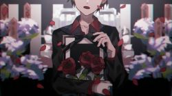 Rule 34 | 1boy, bad id, bad pixiv id, black bow, black hair, black jacket, bow, collarbone, collared shirt, commentary request, danjou sora, facing viewer, flower, hand up, head out of frame, holding, iei, jacket, long sleeves, male focus, open mouth, original, petals, red flower, red rose, red shirt, rose, shirt, solo, upper body, white flower