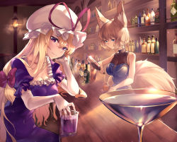 Rule 34 | 2girls, alcohol, alternate eye color, amano hagoromo, animal ear fluff, animal ears, bar (place), bare arms, bare shoulders, blonde hair, blue dress, blue hair, bottle, bow, breasts, collarbone, commentary request, counter, cup, dress, drinking glass, elbow gloves, fox ears, fox tail, frills, gloves, hair between eyes, hair bow, hand up, hat, hat ribbon, head tilt, holding, holding bottle, indoors, lantern, liquor, long hair, looking at viewer, medium breasts, mob cap, multiple girls, no headwear, pouring, puffy short sleeves, puffy sleeves, purple dress, purple eyes, red bow, red ribbon, ribbon, short sleeves, sleeveless, sleeveless dress, smile, sparkle, tail, touhou, white gloves, white headwear, wine glass, yakumo ran, yakumo yukari