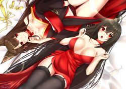 Rule 34 | 2girls, ahoge, akagi (azur lane), animal ears, azur lane, bare shoulders, black hair, blush, breasts, brown hair, choker, cleavage, cocktail dress, collarbone, dress, fox ears, fox tail, gloves, hair between eyes, hair ornament, highres, japanese clothes, large breasts, long hair, looking at viewer, lying, multiple girls, multiple tails, official alternate costume, on back, open mouth, red choker, red dress, red eyes, smile, taihou (azur lane), taihou (forbidden feast) (azur lane), tail, thighhighs, very long hair, wide sleeves, yorugami rei