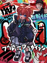 Rule 34 | 1girl, :o, ahoge, blue archive, blue eyes, blue necktie, blue sweater vest, blush stickers, can, chibi, chibi inset, double bun, graffiti, hair between eyes, hair bun, halo, hand in pocket, highres, holding, holding can, hood, hooded jacket, jacket, long sleeves, looking at viewer, maki (blue archive), navysears, nazomaki (blue archive), necktie, open mouth, pleated skirt, red hair, shirt, shoes, short hair, sidelocks, skirt, sneakers, solo, sweater vest, white shirt, white skirt