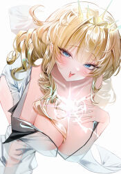 1girl absurdres amu1207 bare_shoulders blonde_hair blush breasts cleavage collarbone commentary cowboy_shot crown crown_(nikke) drill_hair english_commentary eyelashes fingernails goddess_of_victory:_nikke hair_between_eyes hand_on_own_chest hand_up highres large_breasts long_hair long_sleeves looking_at_viewer open_mouth see-through_clothes see-through_shirt shirt simple_background smile solo sparkle standing teeth white_background white_shirt