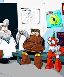 Rule 34 | . ., 3boys, beard, commentary, commentary request, crossed arms, cut man, dr. light (mega man), energy tank, english commentary, english text, facial hair, green eyes, grey hair, lab coat, leaf, looking down, male focus, mega man (classic), mega man (series), mega man 1, mega man 2, multiple boys, old, old man, scissors, sitting, spectrumw, wood man