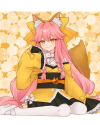 Rule 34 | 1girl, absurdres, animal ear fluff, animal ears, blush, bow, fate/samurai remnant, fate (series), fox ears, fox girl, fox tail, highres, japanese clothes, kimono, kogemu (kgm 3), long hair, looking at viewer, pantyhose, pink hair, short eyebrows, sitting, sleeves past fingers, sleeves past wrists, smile, solo, tail, tamamo (fate), tamamo aria (fate), white footwear, white pantyhose, yellow bow, yellow kimono