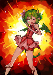 Rule 34 | 1girl, absurdres, alternate costume, blush, draco centauros, dragon girl, dragon horns, dragon tail, dragon wings, explosion, fang, green hair, highres, horns, looking at viewer, offbeat, one eye closed, open mouth, pointy ears, puyopuyo, short hair, smile, solo, tail, wings, yellow eyes