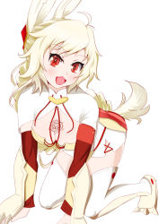 Rule 34 | 10s, 1girl, ahoge, animal ears, blonde hair, blush, braid, breast tattoo, breasts, capelet, chest tattoo, cleavage, hair ornament, hands on floor, highres, large breasts, long hair, looking at viewer, nachetanya loei piena augustra, open mouth, rabbit ears, red eyes, rokka no yuusha, simejing, simple background, sitting, smile, solo, spiked knuckles, tattoo, thighhighs, white background, white thighhighs