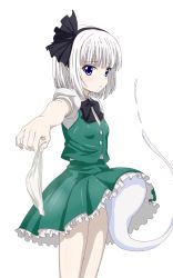 Rule 34 | 1girl, blue eyes, clothes lift, green skirt, green vest, hairband, highres, holding, holding clothes, holding panties, holding underwear, konpaku youmu, konpaku youmu (ghost), outstretched arm, outstretched hand, panties, unworn panties, religious offering, ribbon, shirt, short hair, silver hair, sincos, skirt, skirt lift, solo, touhou, underwear, vest, white panties, white shirt