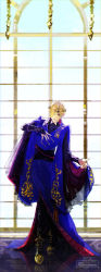 Rule 34 | 1boy, adjusting clothes, artist name, black gloves, black pants, blonde hair, blue nails, blue robe, boots, circlet, commentary, eyeshadow, full body, gloves, gold trim, hair over one eye, hand on own chest, highres, indoors, leaning to the side, long sleeves, looking at viewer, makeup, male focus, nail polish, pale skin, pants, partially fingerless gloves, robe, shiki (4shikixxx), smile, solo, twisted wonderland, vil schoenheit, window